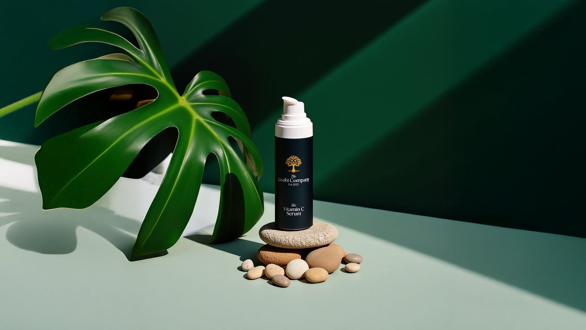 Cosmetic bottle with pump on pebbles next to a large green leaf on a green background